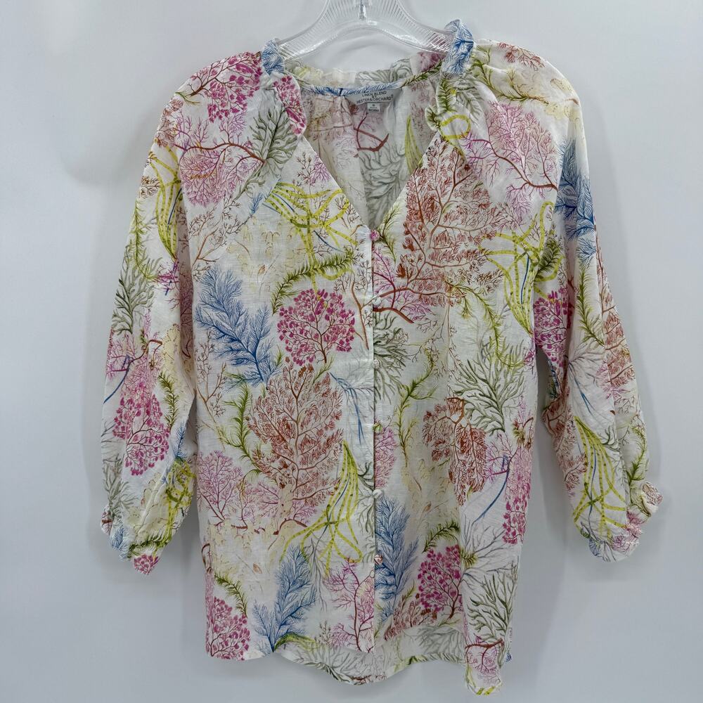 HESTER & ORCHARD Linen Blend Blouse Size S Pastel Flora 3/4 Sleeve V-Neck Ruffle